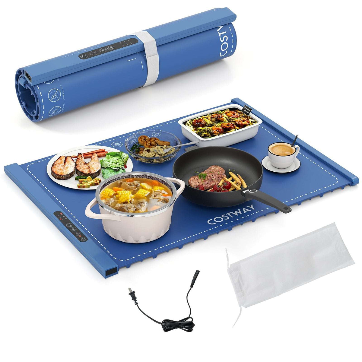 Blue roll-up electric food warming mat with strap, cord, storage bag, and serving dishes