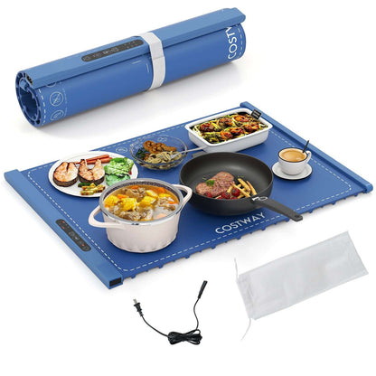 Blue roll-up electric food warming mat with strap, cord, storage bag, and serving dishes