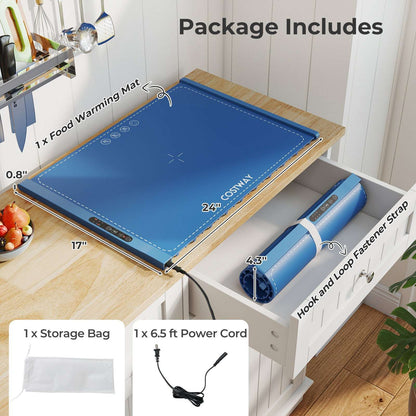 Blue electric food warming mat with controls, rolled mat, storage bag and power cord