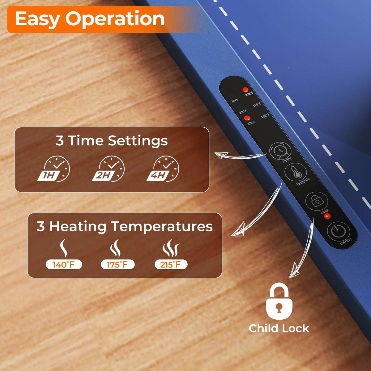 Blue warming mat control panel with timer, temperature and child-lock settings