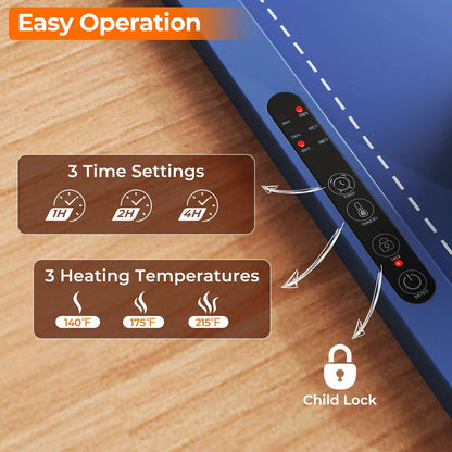 Blue warming mat control panel with timer, temperature and child-lock settings