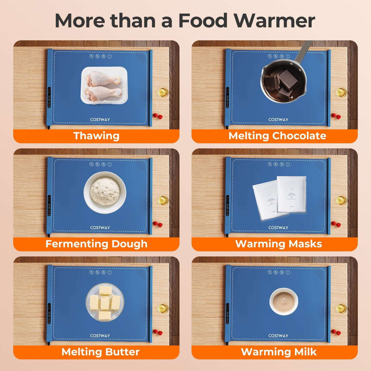 Blue food warming mat shown thawing food and warming chocolate, dough, masks, butter and milk