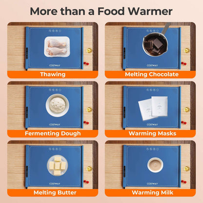 Blue food warming mat shown thawing food and warming chocolate, dough, masks, butter and milk