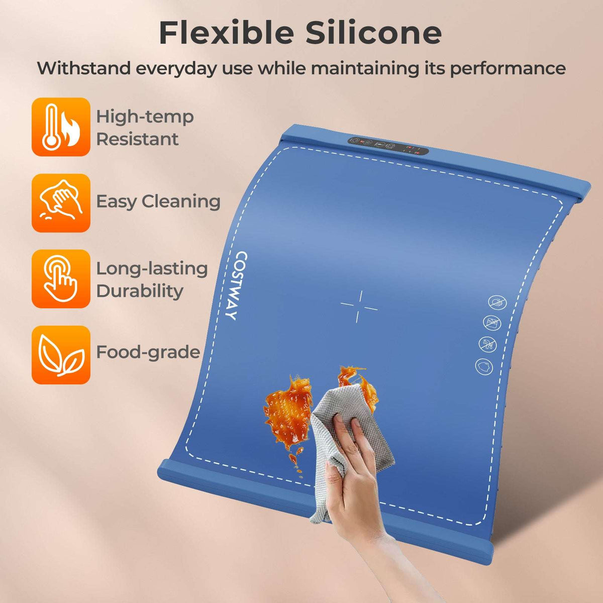 Flexible blue silicone food warming mat being wiped clean