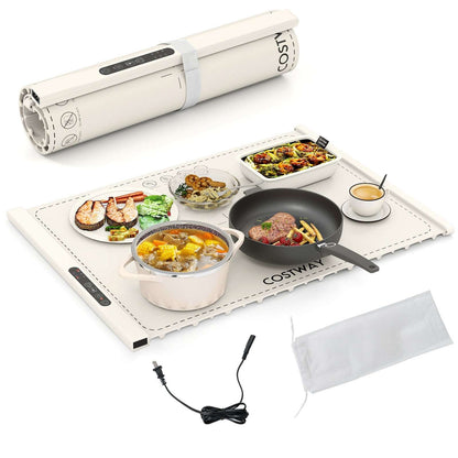 Beige roll-up electric food warming mat with strap, cord, storage bag, and serving dishes