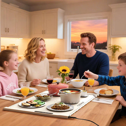 Beige electric food warming mat spread across a table beneath serving dishes