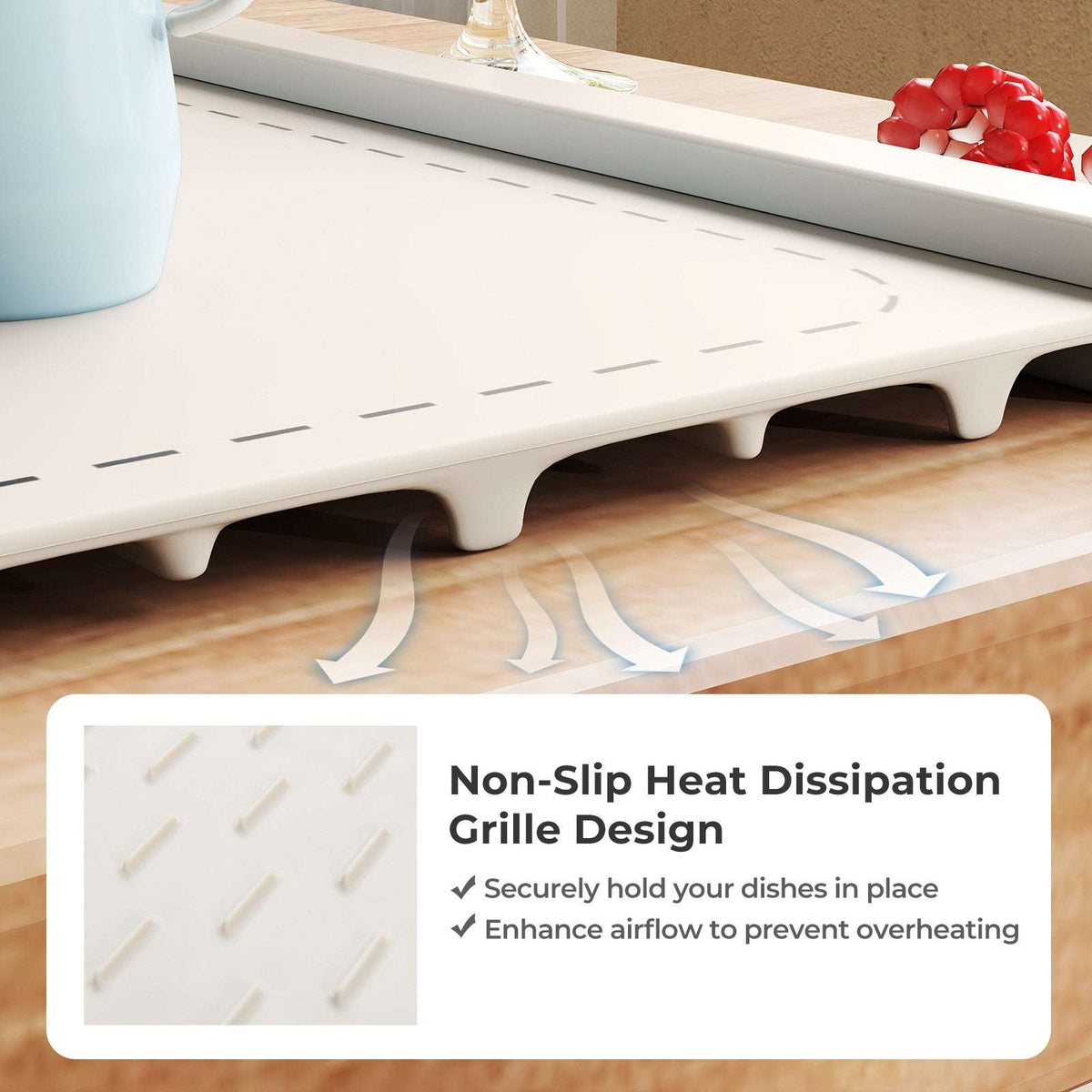 Food warming mat underside with raised non-slip grille feet