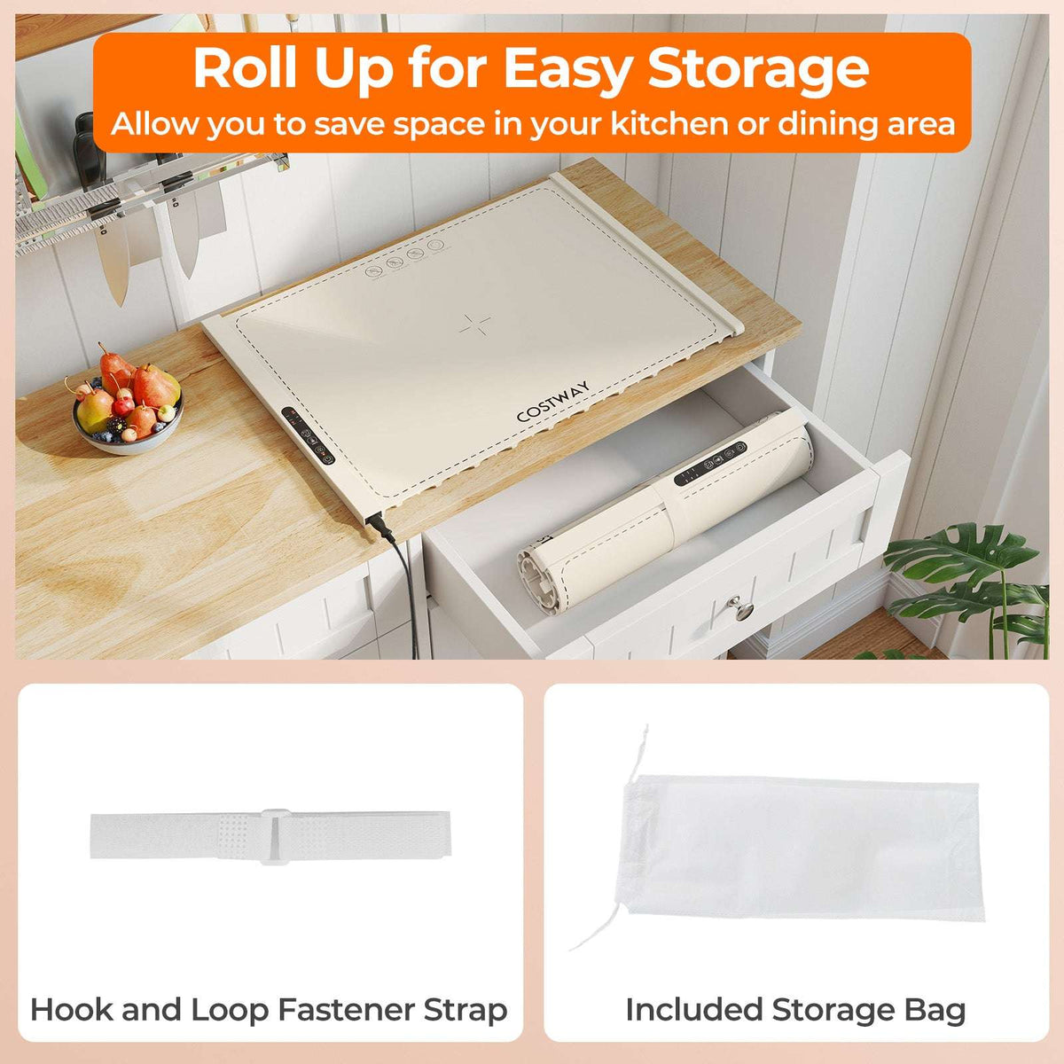 Beige roll-up food warming mat with hook-and-loop strap and storage bag