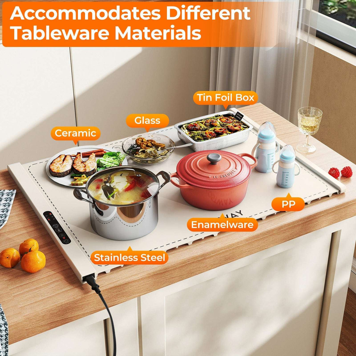 Beige electric food warming mat displaying compatibility with ceramic, glass, and metal cookware