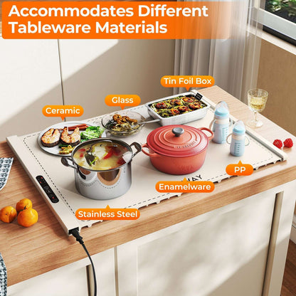 Beige electric food warming mat displaying compatibility with ceramic, glass, and metal cookware