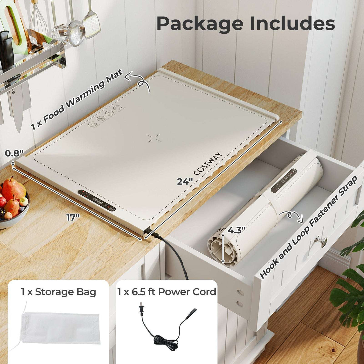 Beige electric food warming mat with controls, rolled mat, storage bag and power cord