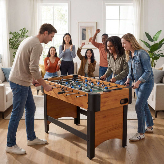 Natural wood foosball table with black legs and blue-and-green player field, full-size.