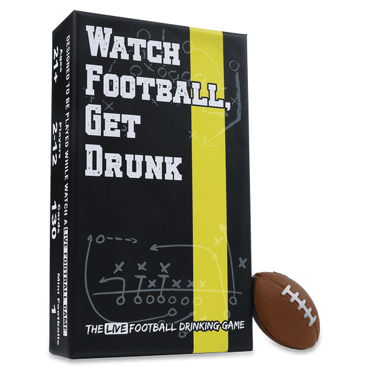 Football drinking card game box with mini football and game card illustrations