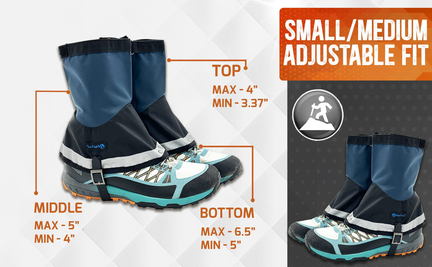 Pike Trail Mid Length Gaiters | 100% Waterproof | Rip-Stop Nylon | S/M Adjustable Fit