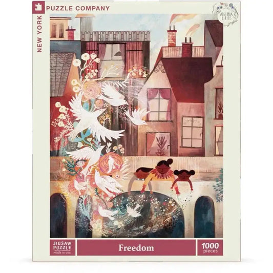 1000-piece jigsaw puzzle box with illustrated city scene and angel-like figures
