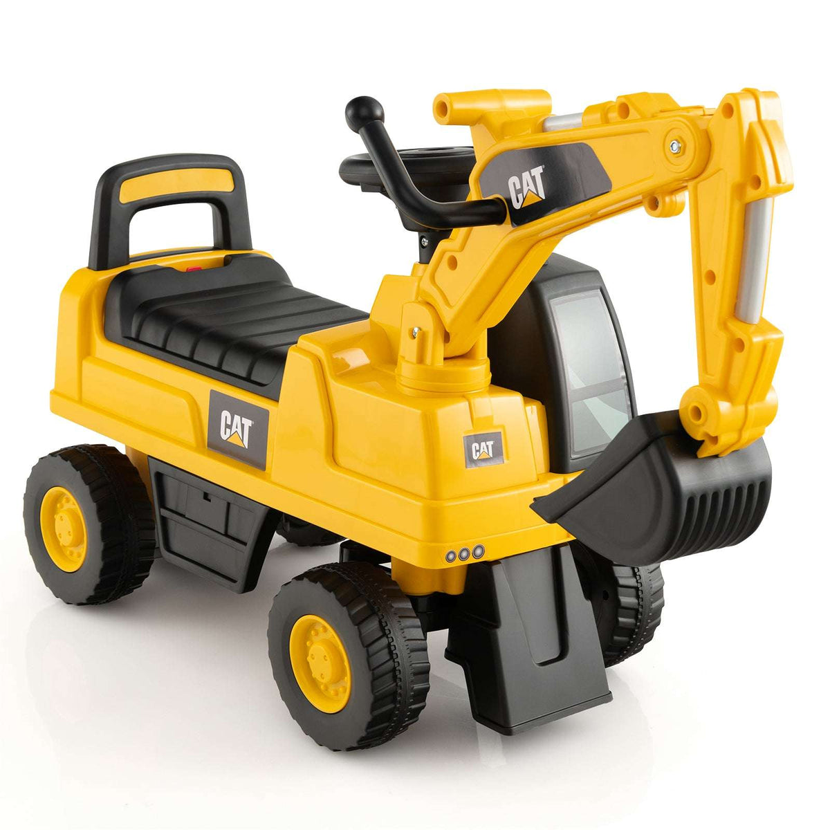 Yellow ride-on excavator toy with CAT logo, black cab and front bucket