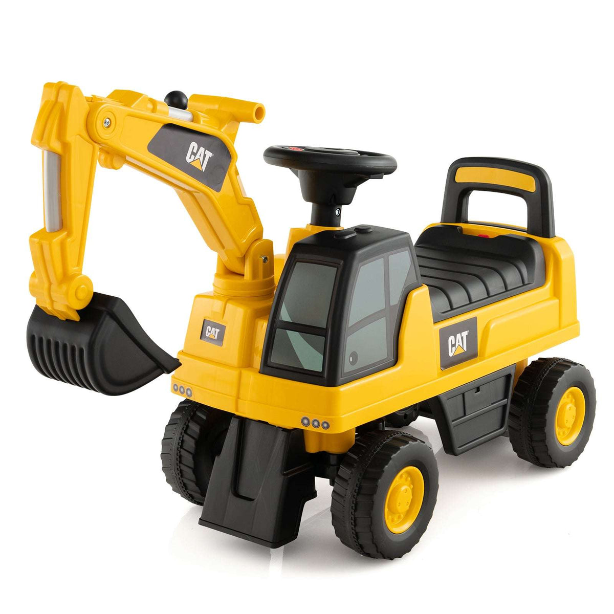 Yellow ride-on excavator toy with black cab, tracks, and front digging bucket