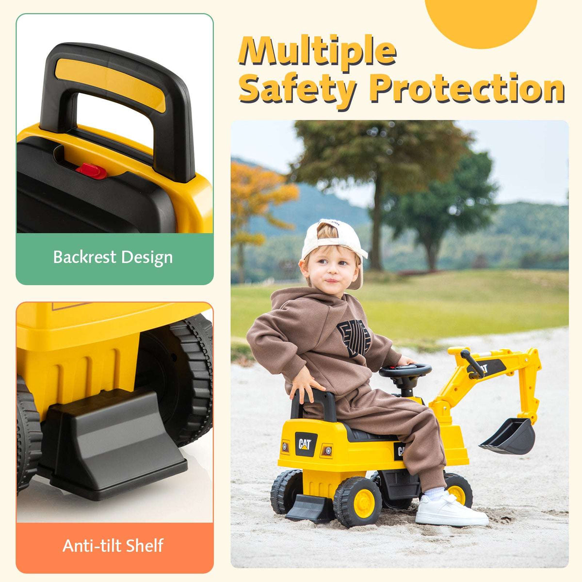 Yellow kids ride-on excavator toy with black backrest and bucket, outdoors with child