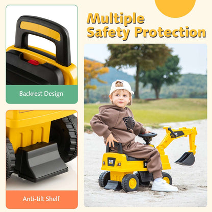 Yellow kids ride-on excavator toy with black backrest and bucket, outdoors with child