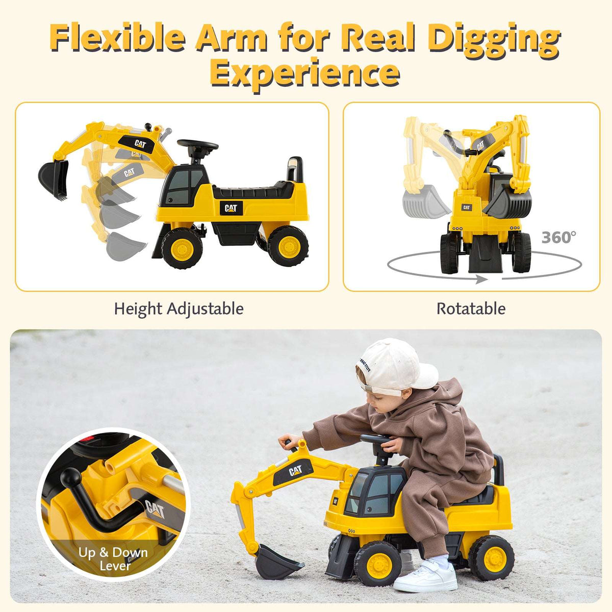 Yellow kids ride-on excavator toy with rotatable arm and black bucket, outdoors
