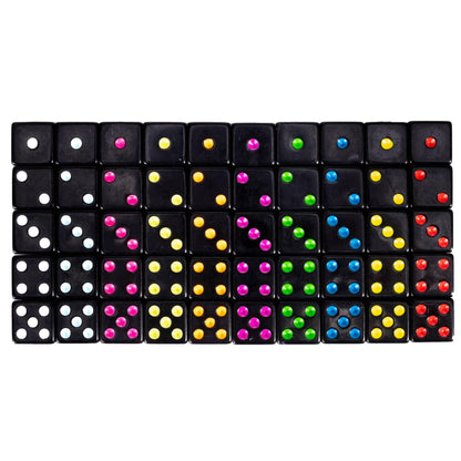 Blackout Dice | 50-Pack | Black Dice with Neon Pips | 10 Colors | 16mm | Chucklebox - Niksstuff