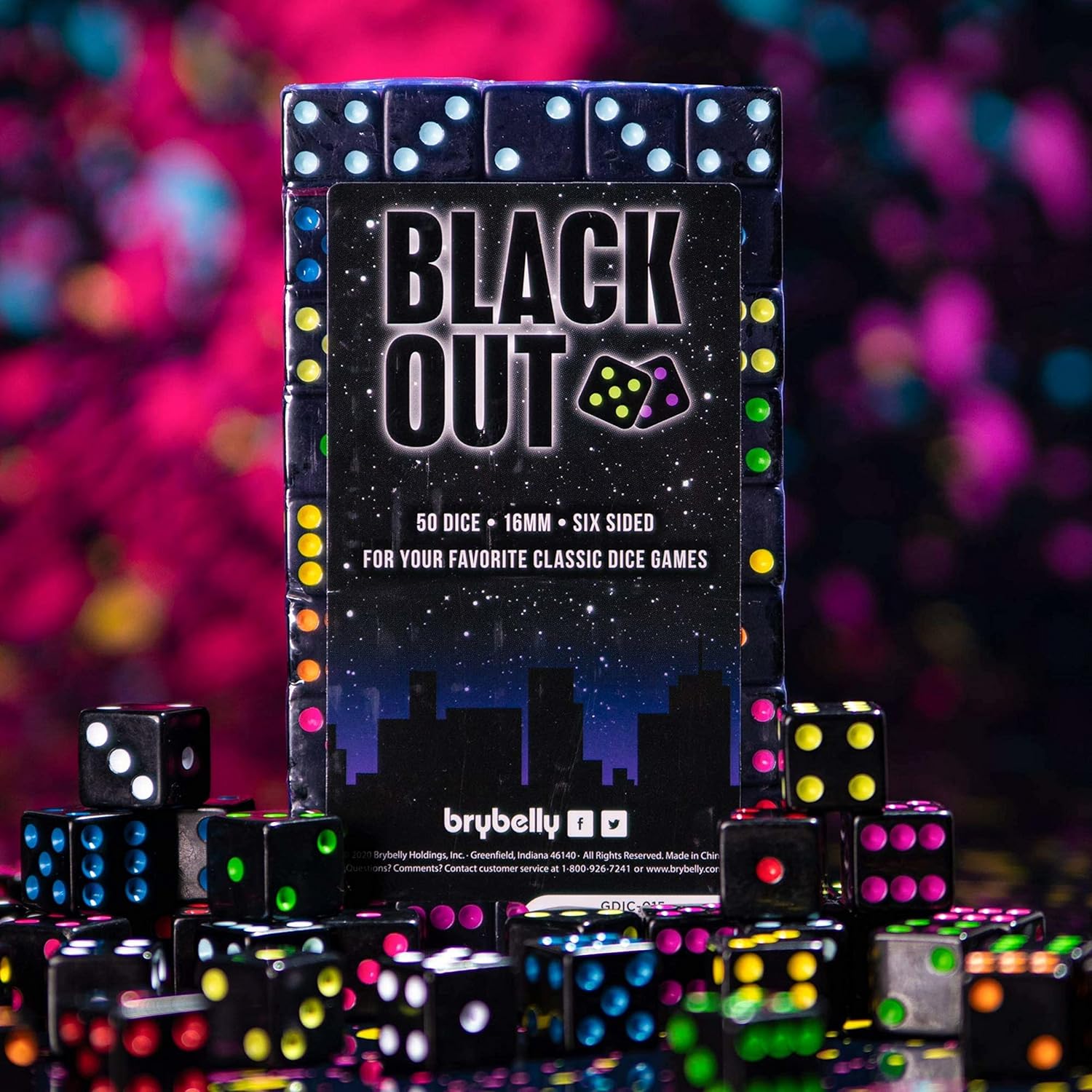 Blackout Dice | 50-Pack | Black Dice with Neon Pips | 10 Colors | 16mm | Chucklebox - Niksstuff