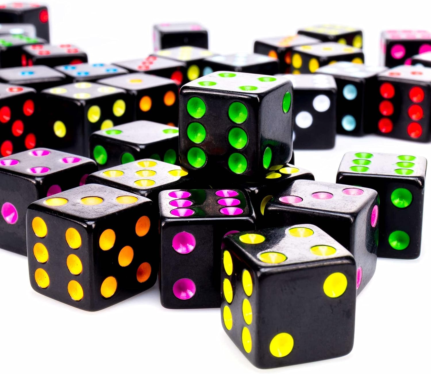 Blackout Dice | 50-Pack | Black Dice with Neon Pips | 10 Colors | 16mm | Chucklebox - Niksstuff