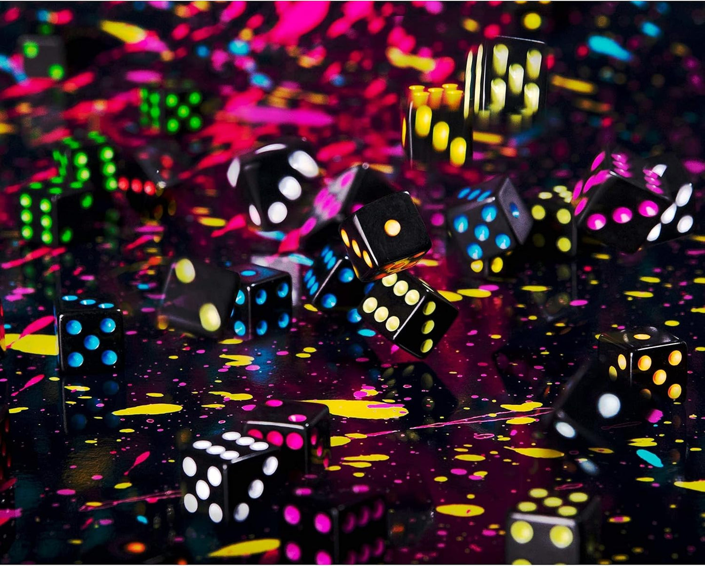 Blackout Dice | 50-Pack | Black Dice with Neon Pips | 10 Colors | 16mm | Chucklebox - Niksstuff
