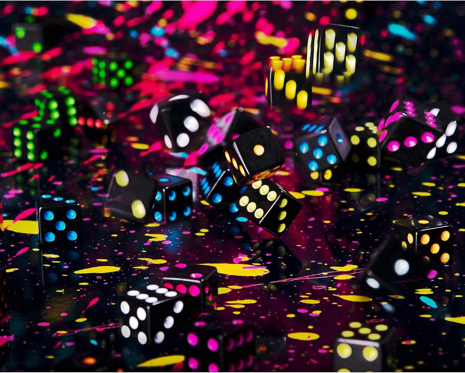 Blackout Dice | 50-Pack | Black Dice with Neon Pips | 10 Colors | 16mm | Chucklebox - Niksstuff