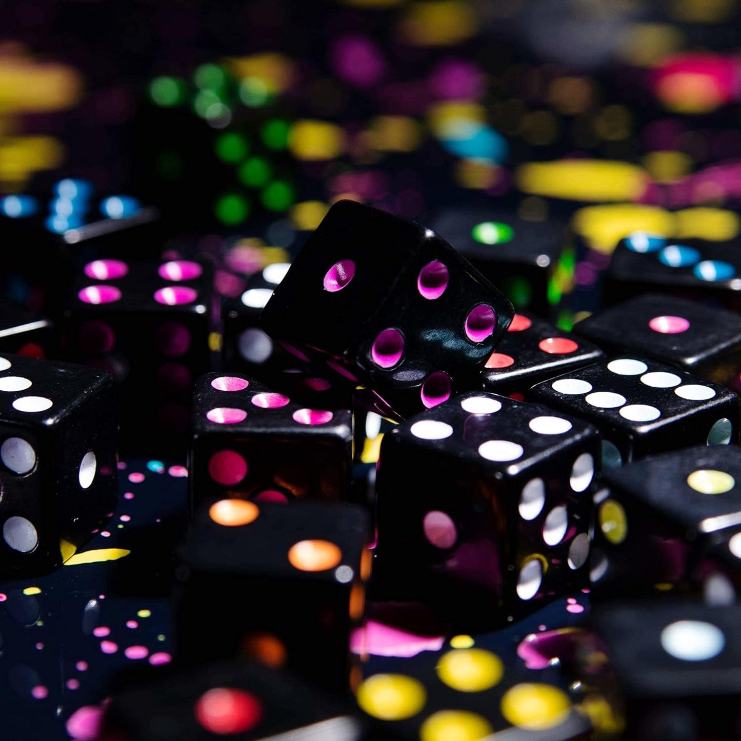 Blackout Dice | 50-Pack | Black Dice with Neon Pips | 10 Colors | 16mm | Chucklebox - Niksstuff