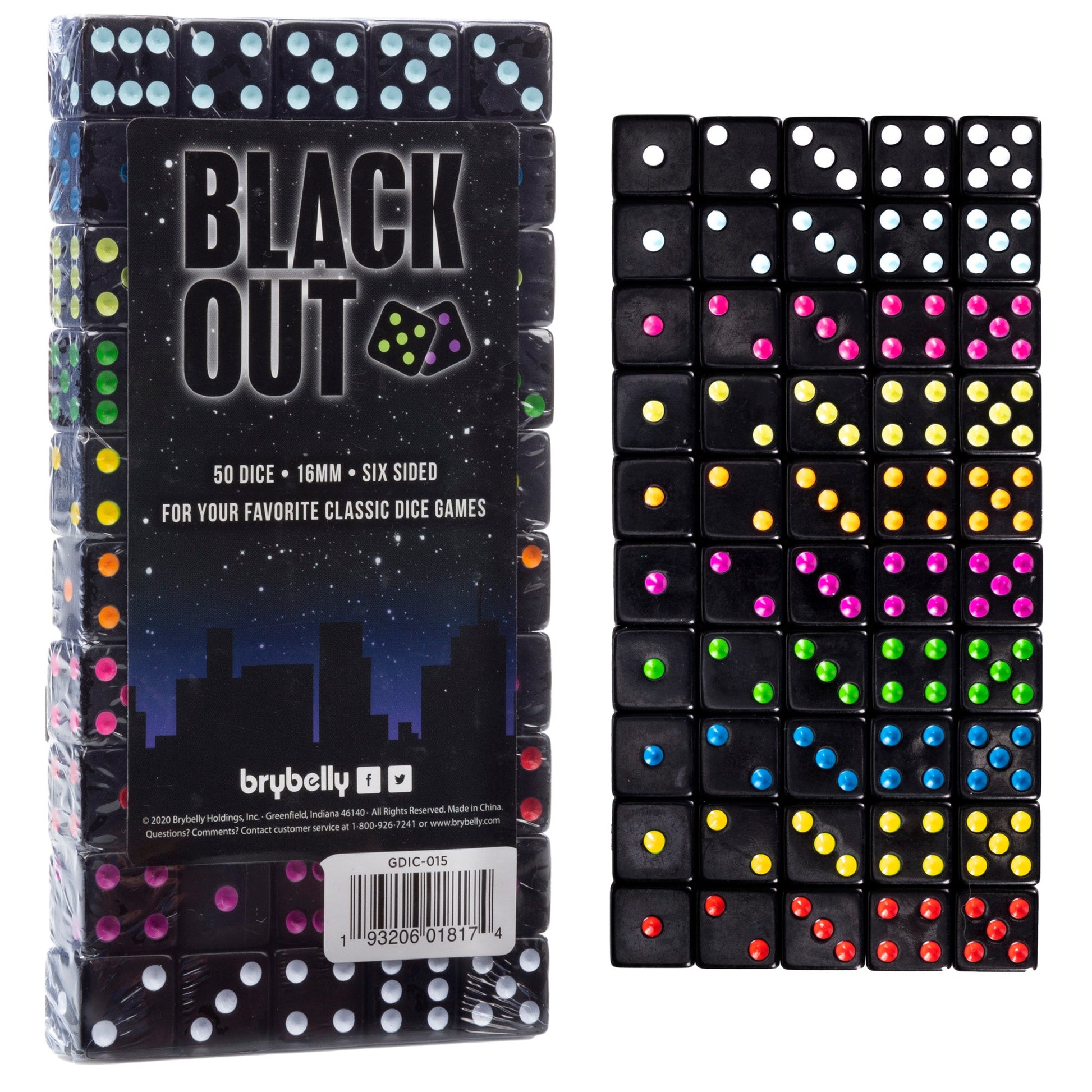 Blackout Dice | 50-Pack | Black Dice with Neon Pips | 10 Colors | 16mm | Chucklebox - Niksstuff
