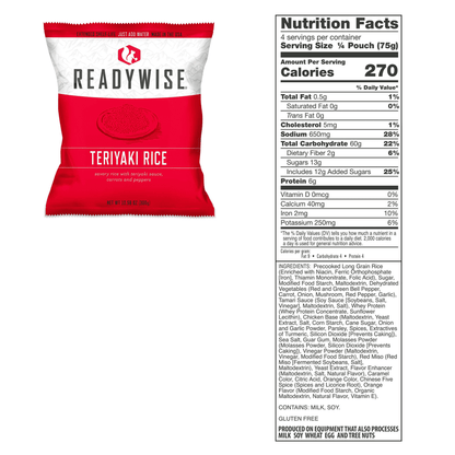 Gluten-free TeriYaki rice pouch, white and red design with nutrition facts panel