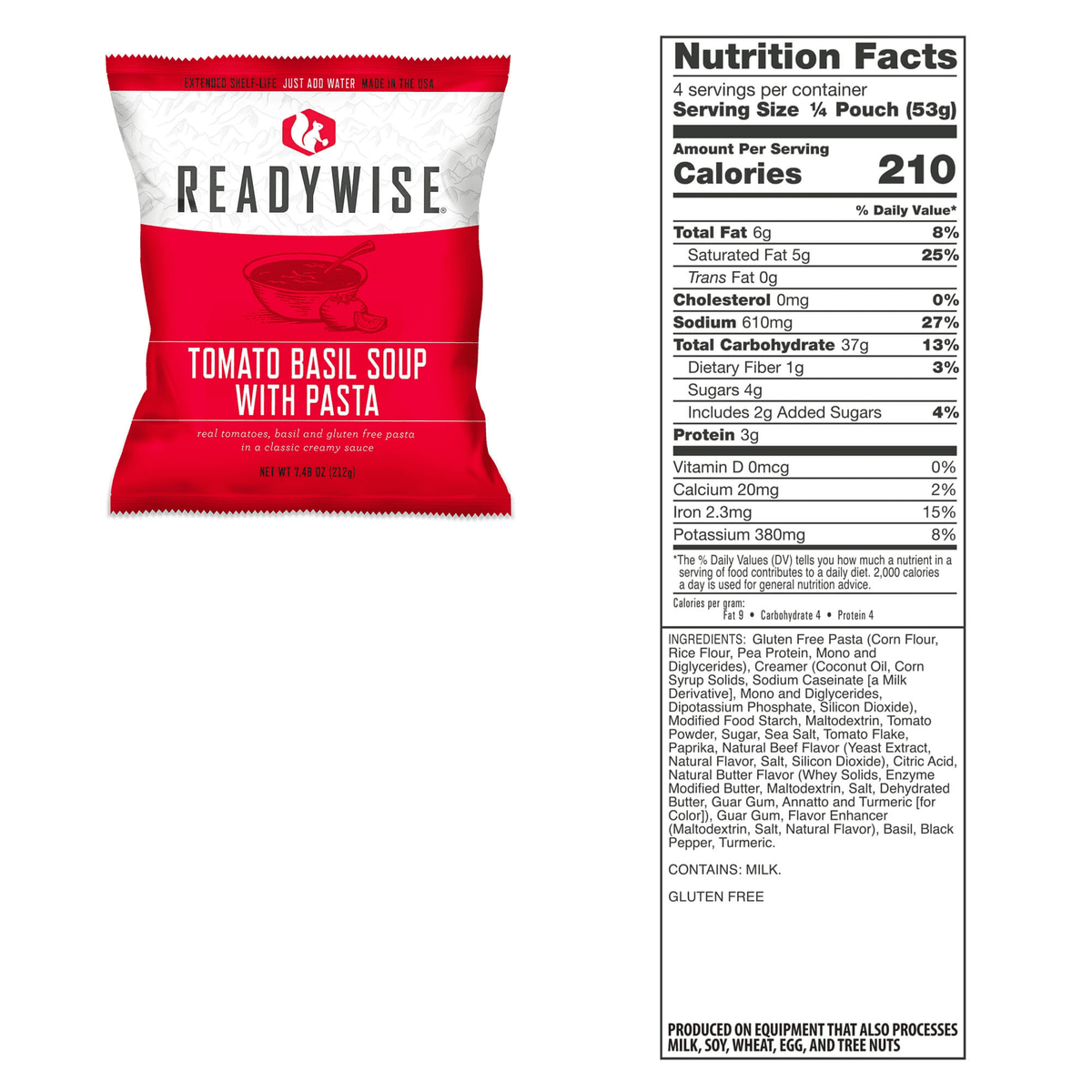 Gluten-free tomato basil soup with pasta pouch, white and red with nutrition facts
