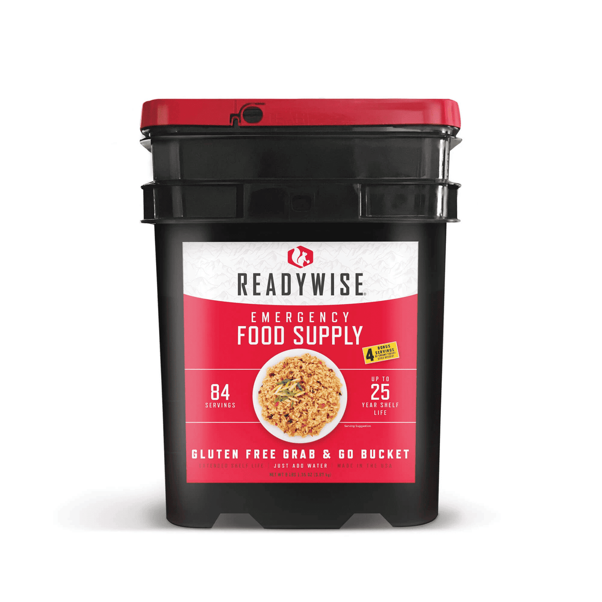 Emergency food supply bucket with red lid, Readywise 84 servings, gluten-free label