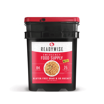 Emergency food supply bucket with red lid, Readywise 84 servings, gluten-free label