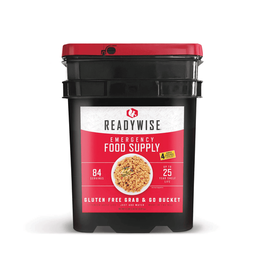 Emergency food supply bucket with red lid, Readywise 84 servings, gluten-free label