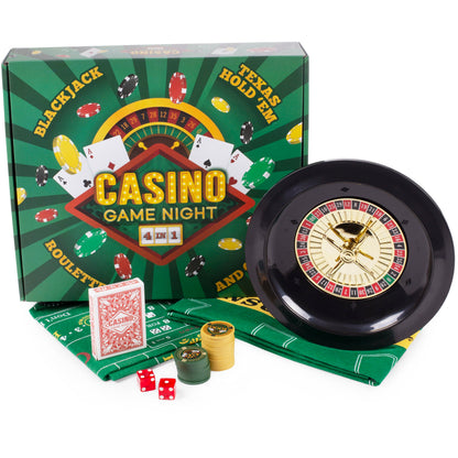 Casino Game Night | 4-in-1 Set | Blackjack, Texas Hold'em, Roulette & Craps | Chucklebox - Niksstuff