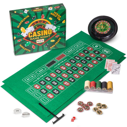 Casino Game Night | 4-in-1 Set | Blackjack, Texas Hold'em, Roulette & Craps | Chucklebox - Niksstuff