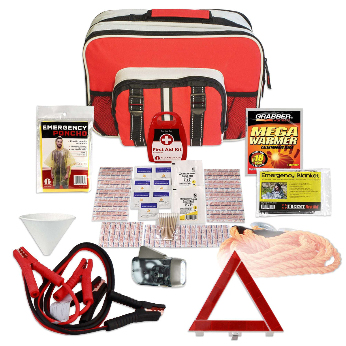 Red roadside emergency kit bag with black straps and included safety tools