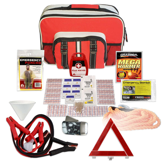 Red roadside emergency kit bag with black straps and included safety tools