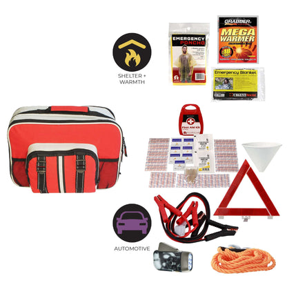Red emergency kit bag with black front organizer pocket and assorted supplies