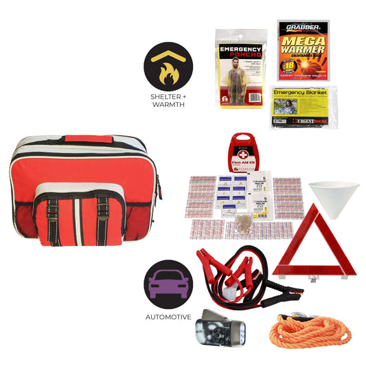 Red emergency kit bag with black front organizer pocket and assorted supplies