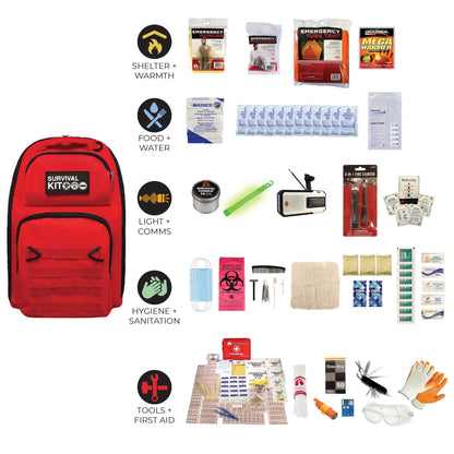 Red emergency survival kit backpack with category icons and assorted emergency supplies