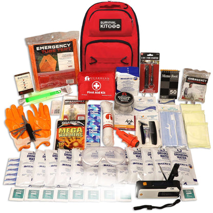 Red emergency survival kit bag with supplies: first aid, water packets, gloves, tools