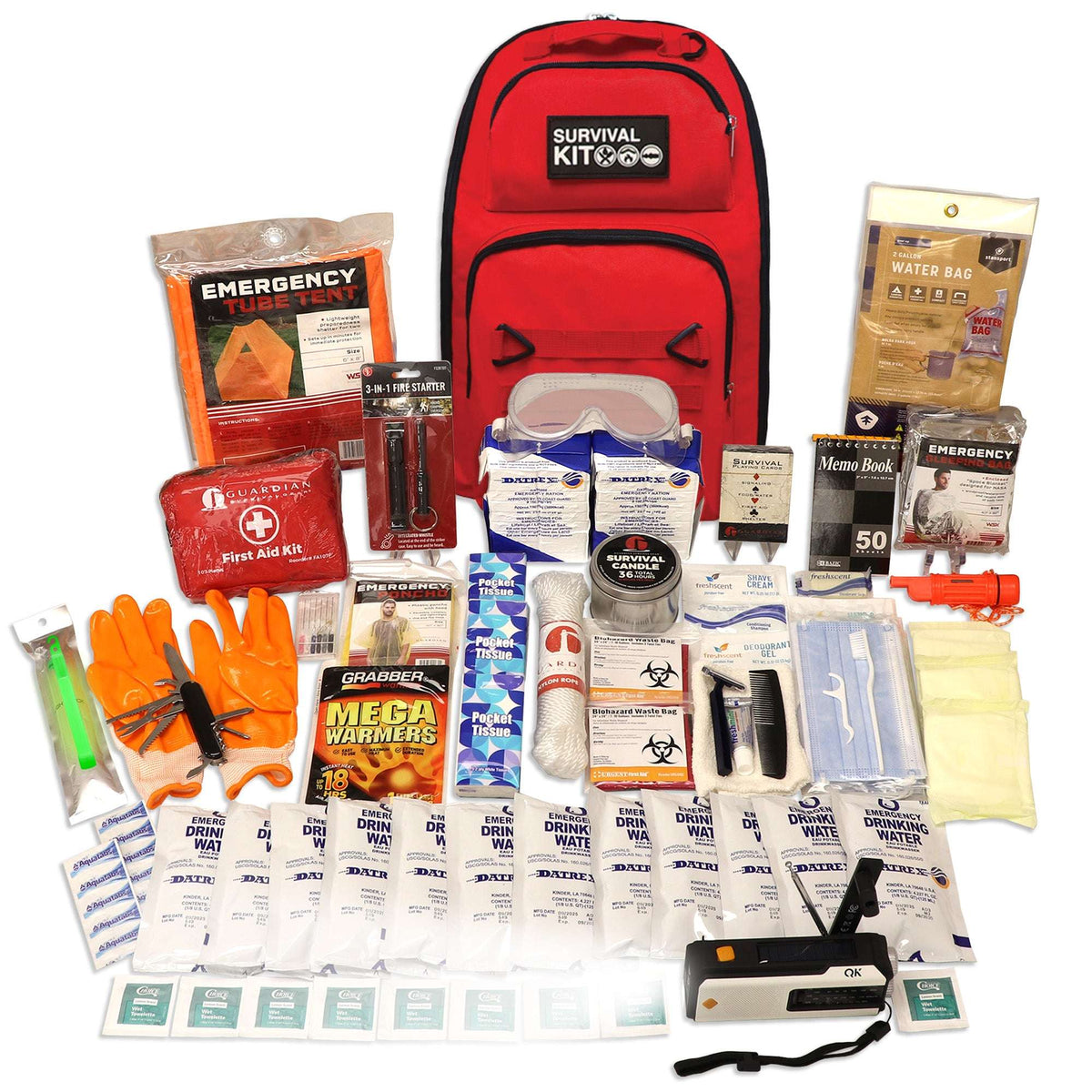 Red survival kit backpack with emergency supplies laid out, including gloves and water packs