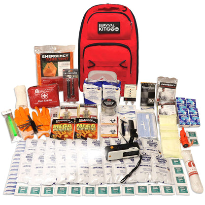Red emergency survival kit bag with supplies laid out: gloves, drink pouches, first aid items