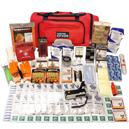 Red emergency survival kit duffel with supplies arranged in front: first aid, water, gloves