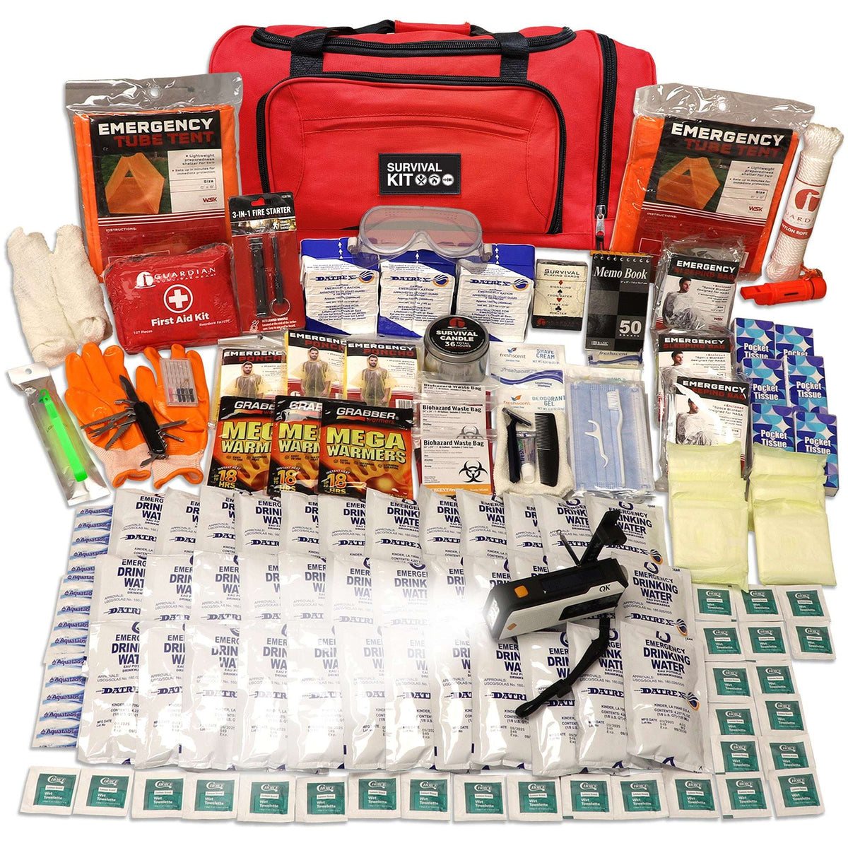 Red emergency survival kit duffel with supplies spread out: drink packets, first aid, gloves