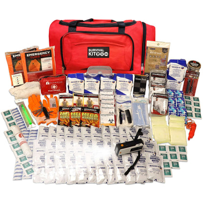 Red emergency survival kit duffel bag with Survival Kit logo and packed supplies