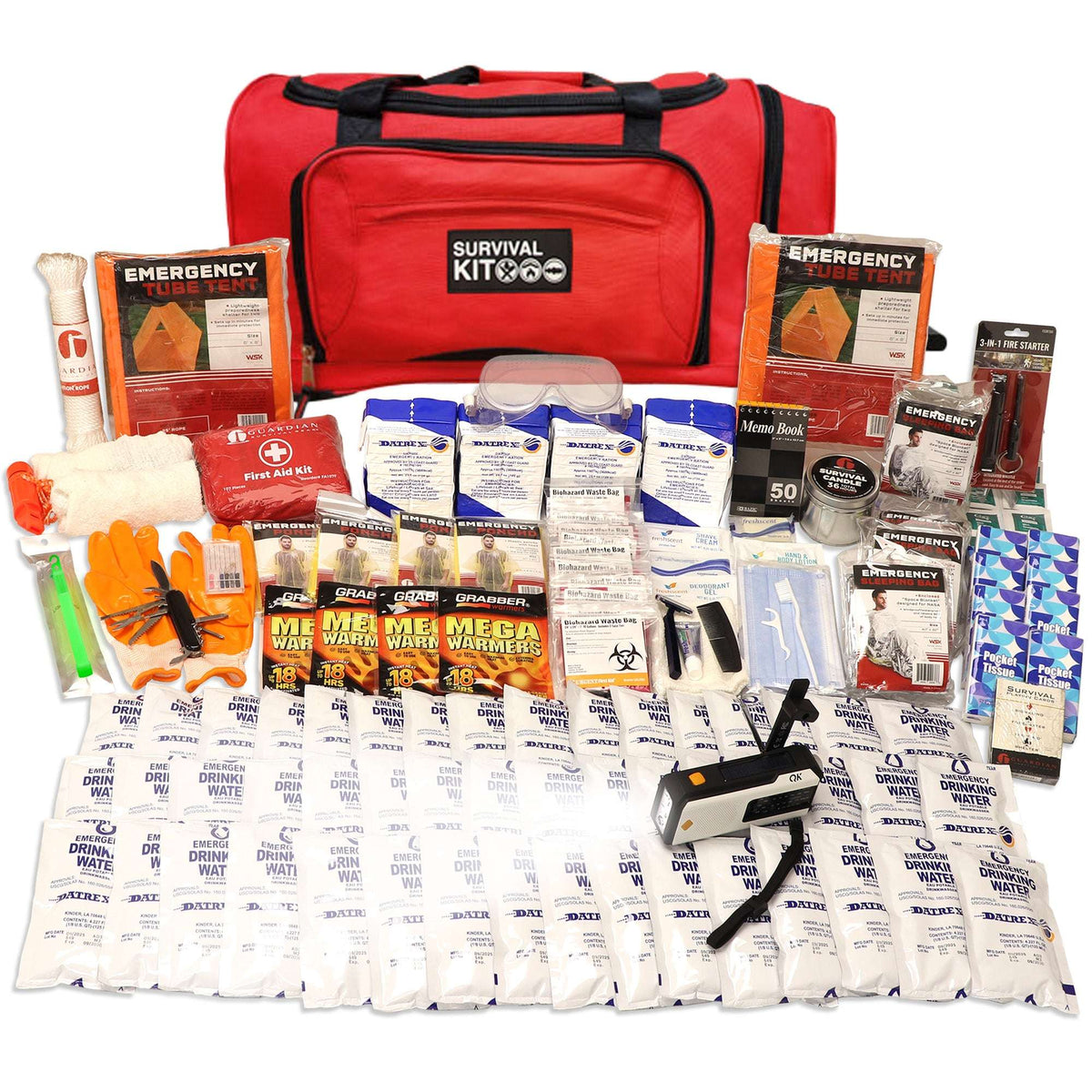 Red emergency survival kit duffel bag surrounded by emergency food, water, and first aid